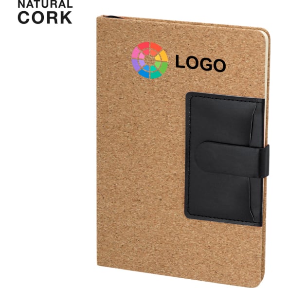 Bloc de notas de corcho y con bolsillo en PU y cierre magnético 14.6 x 21.1 cm