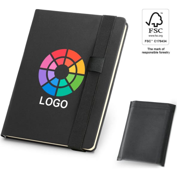 Bloc de notas publicitario con banda elástica ancha 14,5 x 21 cm