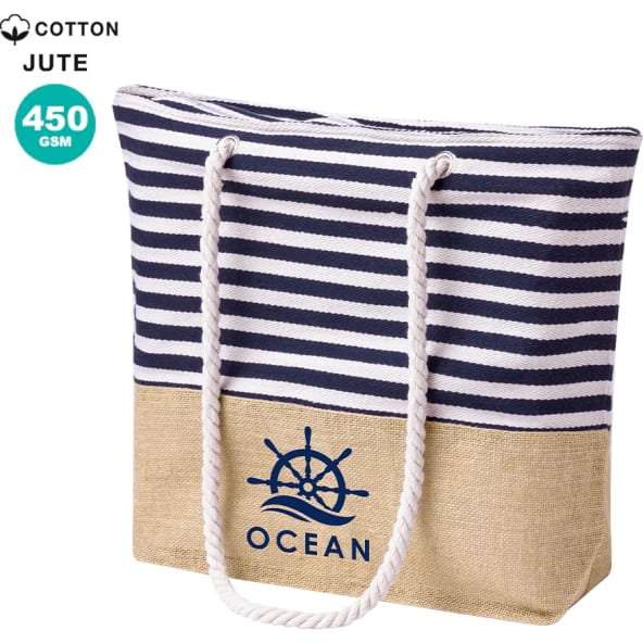 Bolsa de playa marinera de algodón y yute 450g/m2 cierre cremallera