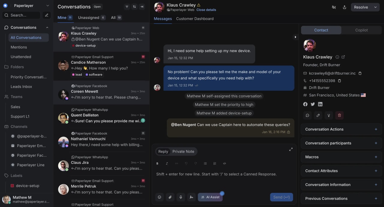 GWhats omnichannel service dashboard with WhatsApp, Instagram and email conversations