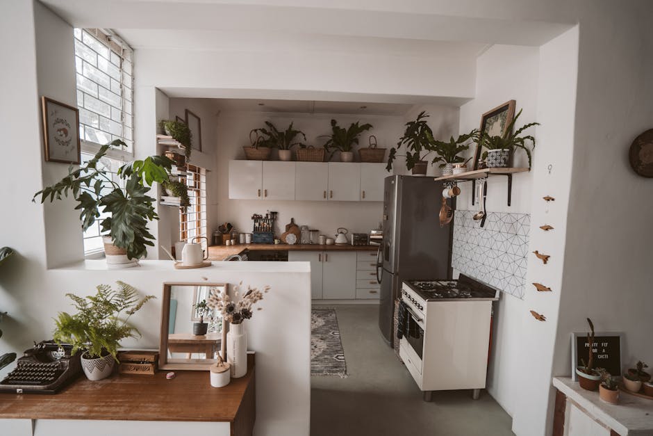 Una sala de estar moderna decorada con diversas plantas de interior, transmitiendo frescura y naturalidad.