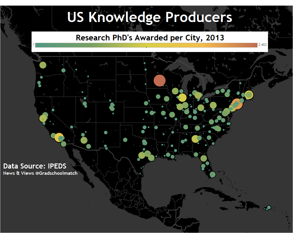 Cities where research PhD's were awarded in 2013