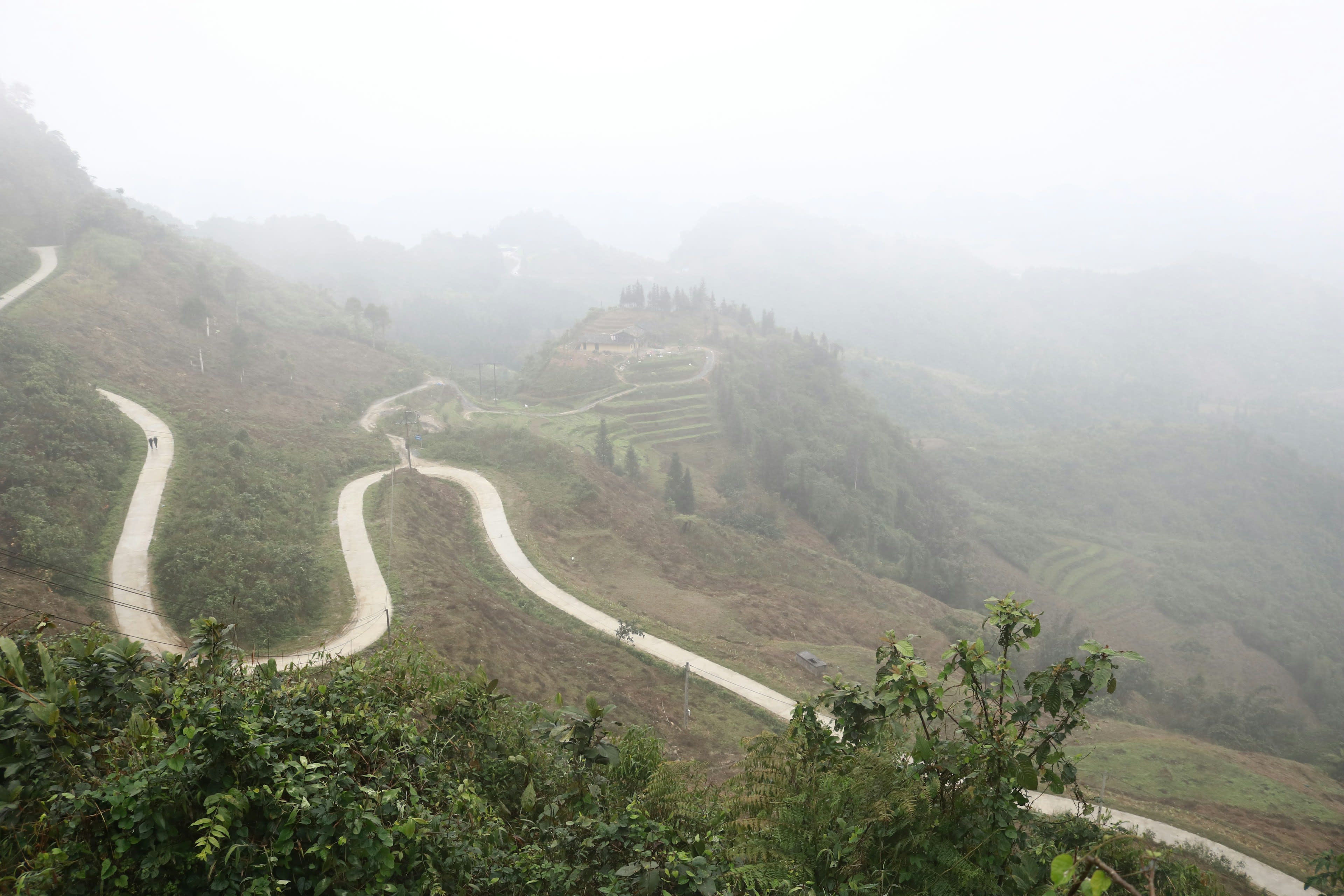 A winding mountain road disappearing into thick fog