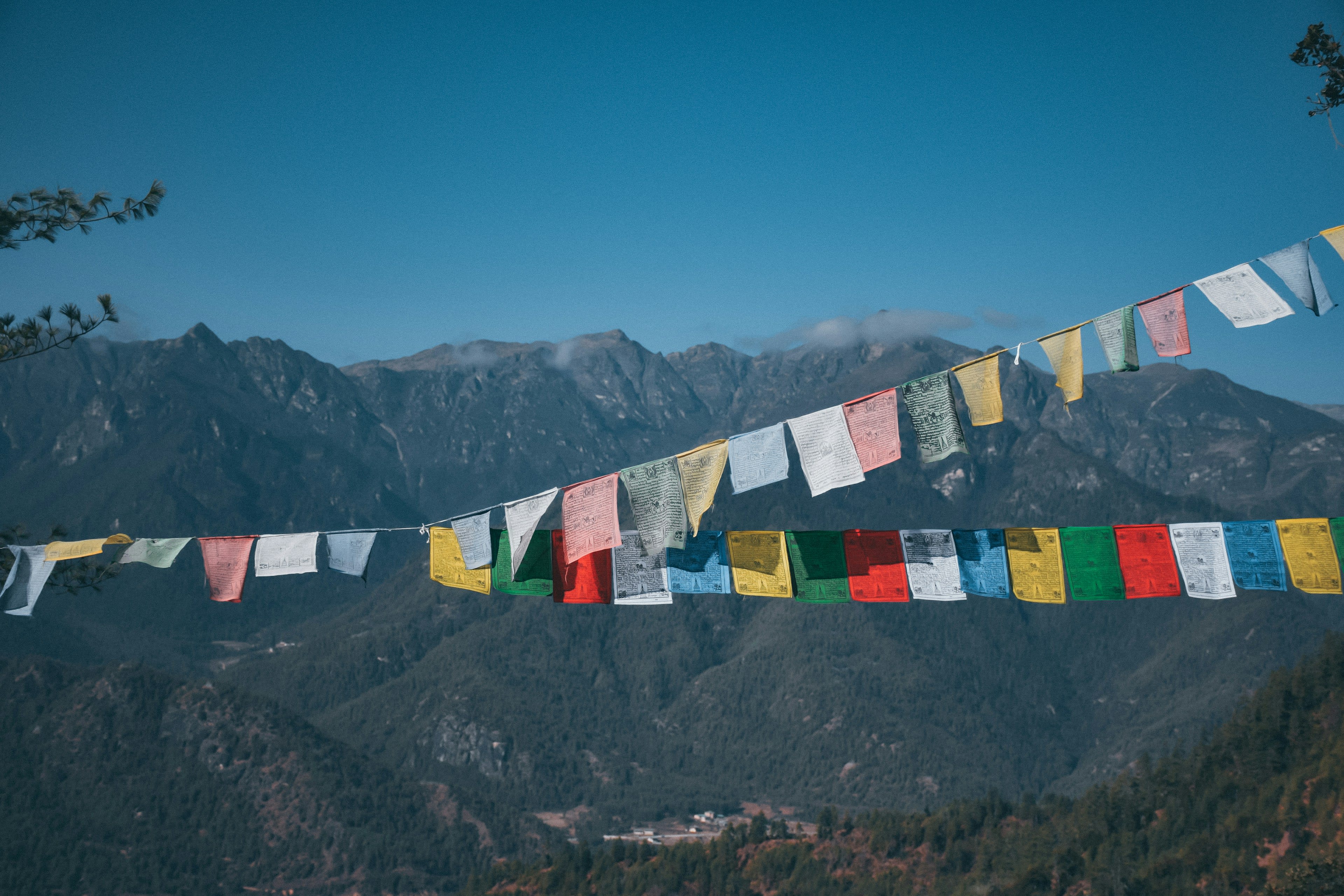 Lines of coloured prayer flags strung across a high pass above a deep valley
