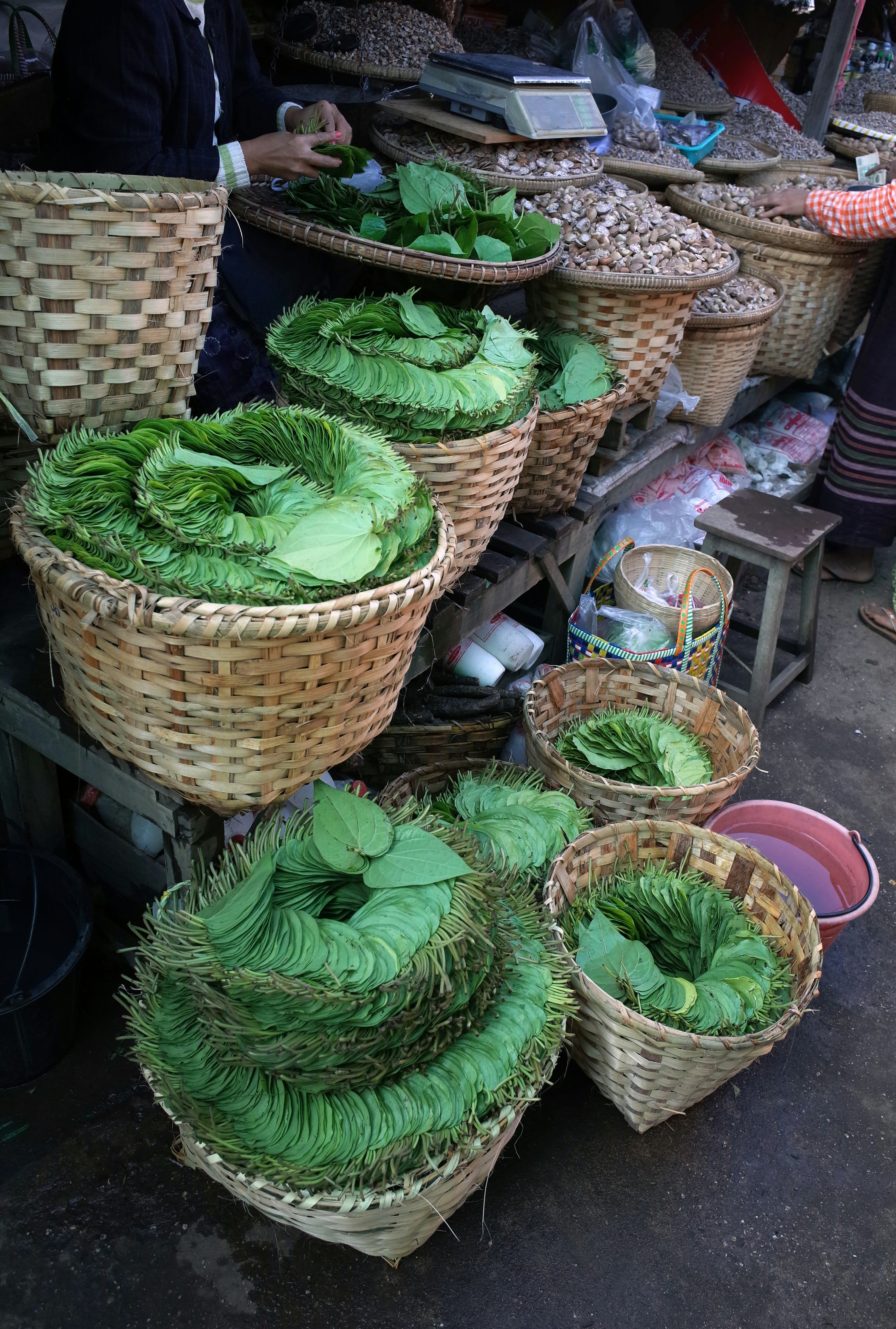 Baskets piled with fresh green vegetables at a morning market