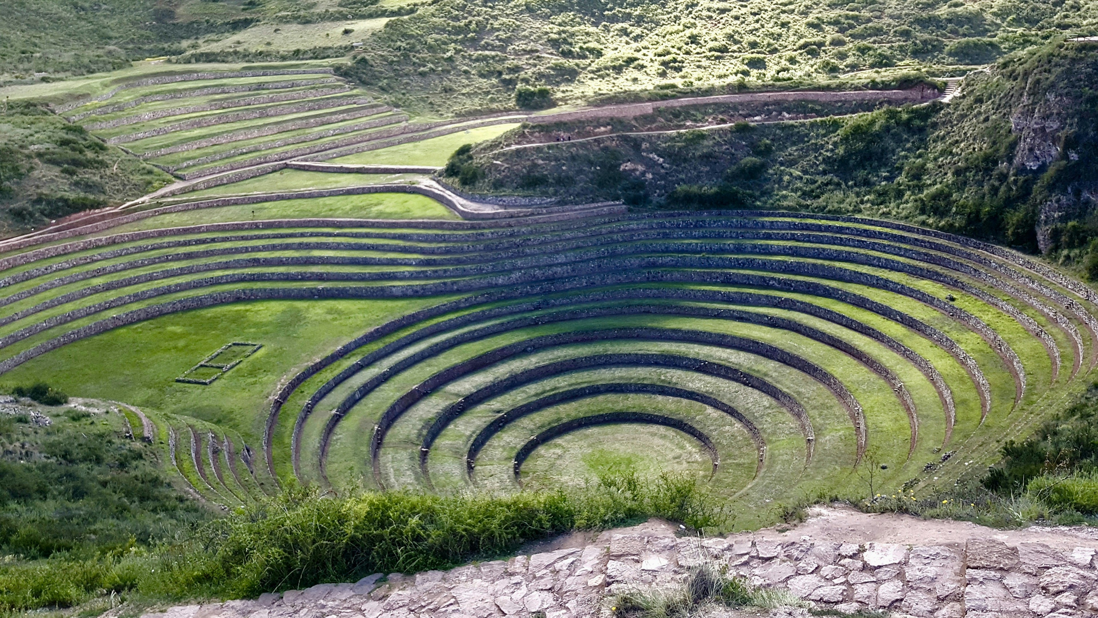 Circular Inca agricultural terraces forming green concentric rings