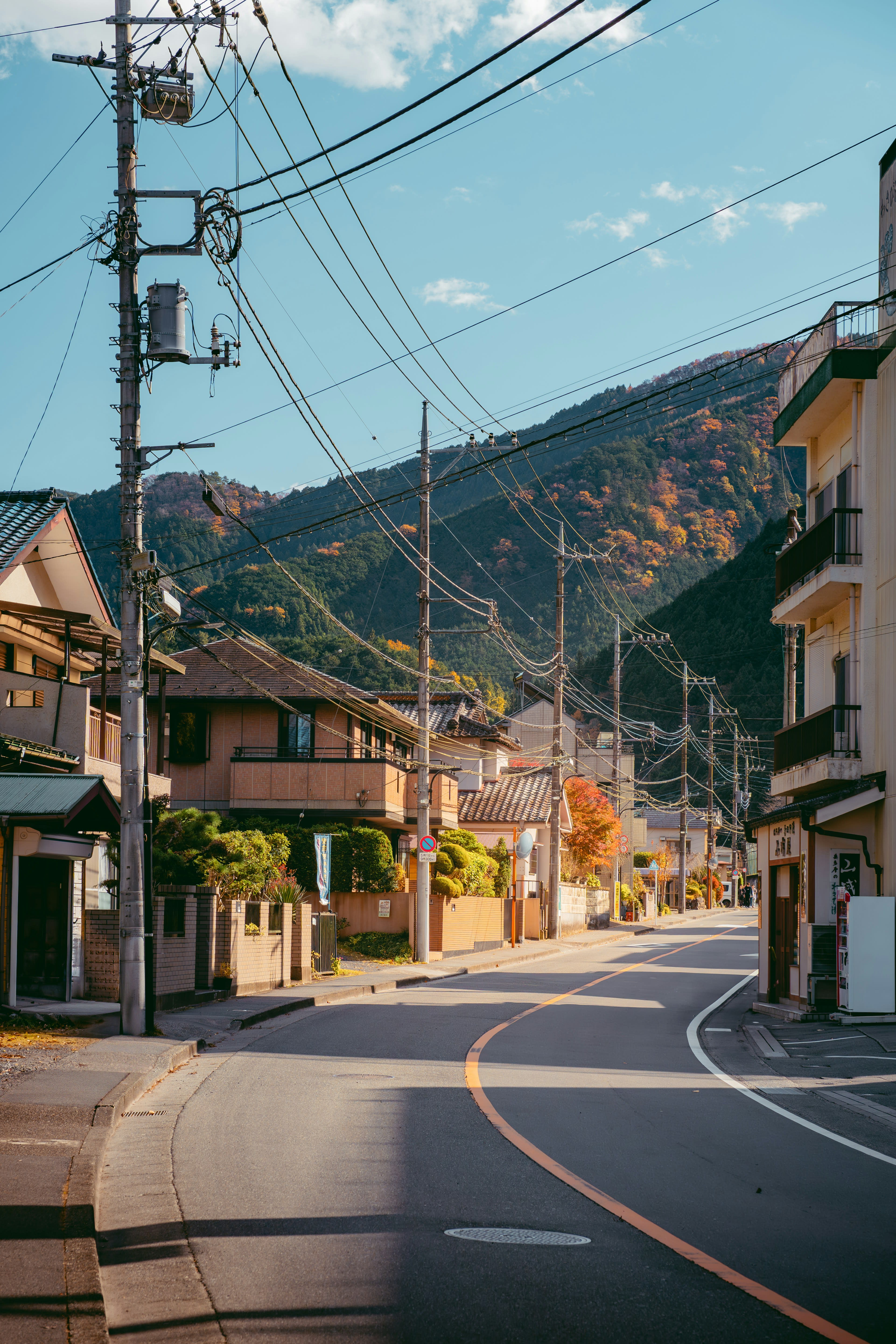 An empty street of dark wooden buildings with a mountain rising at the end of it