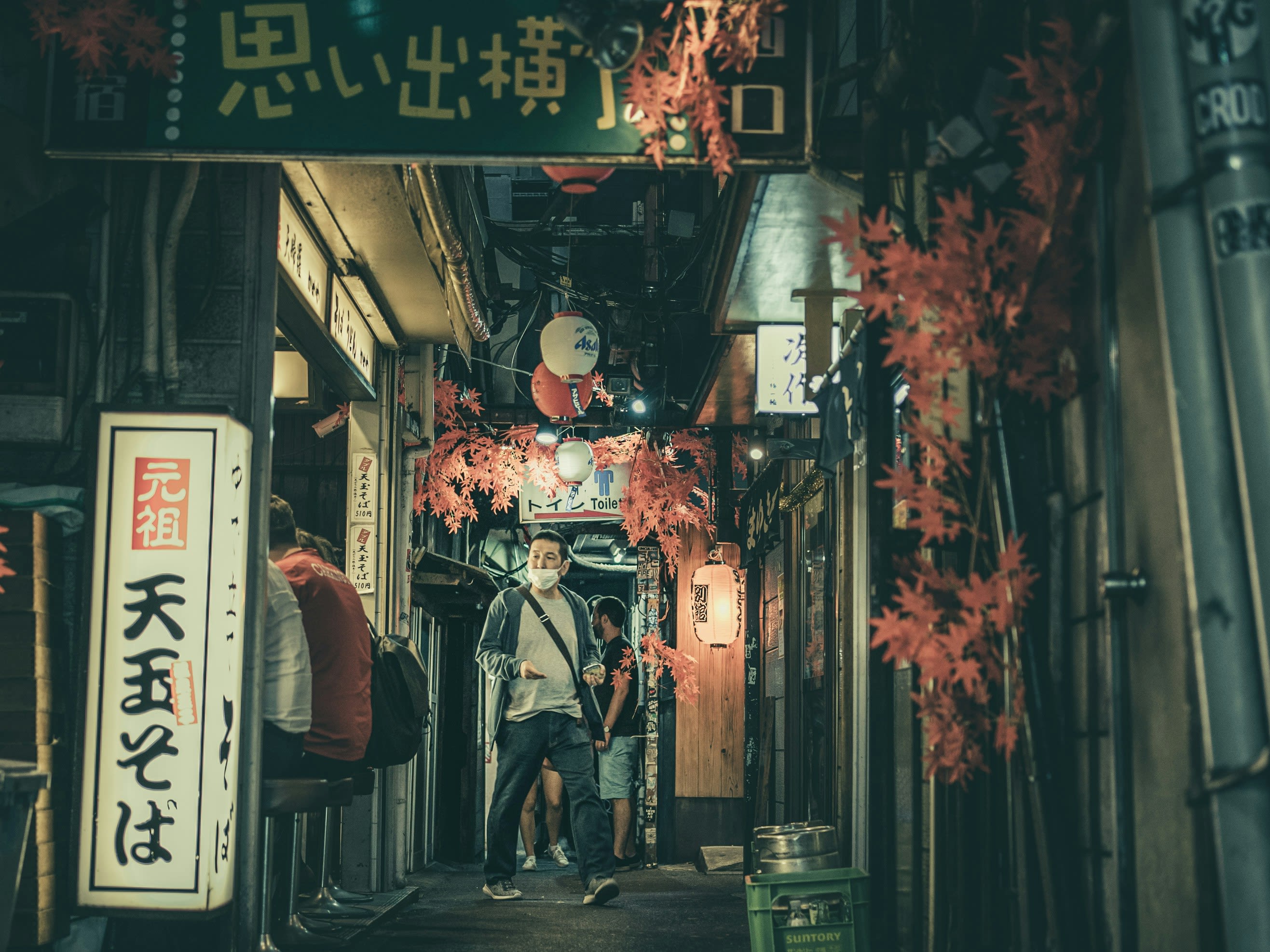 A narrow alley of small eateries hung with Japanese signs and lanterns under red foliage