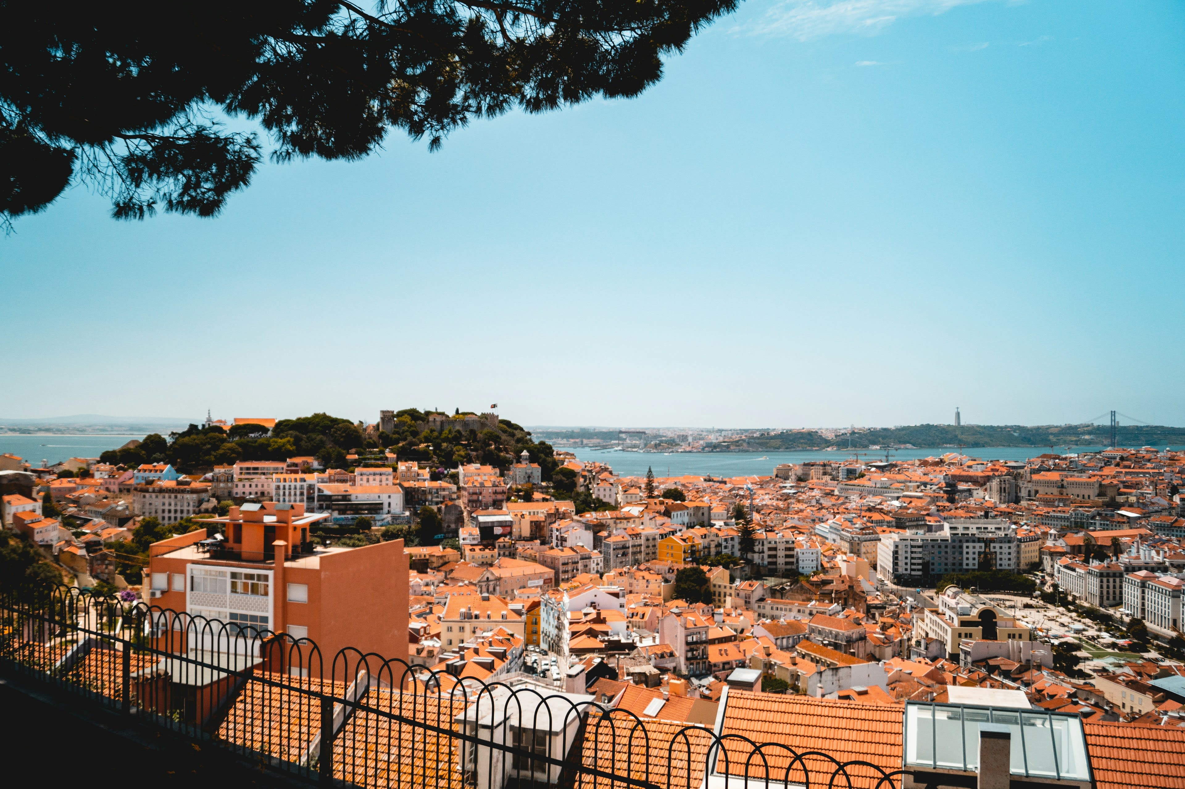 A high view over terracotta rooftops to a wide river and a red suspension bridge