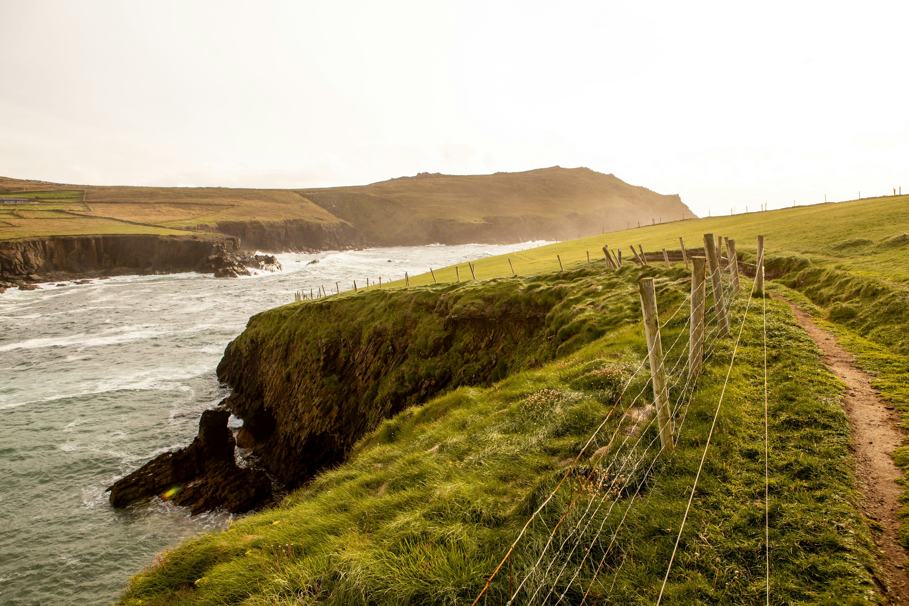 A grass path following a wire fence along the very edge of a sea cliff