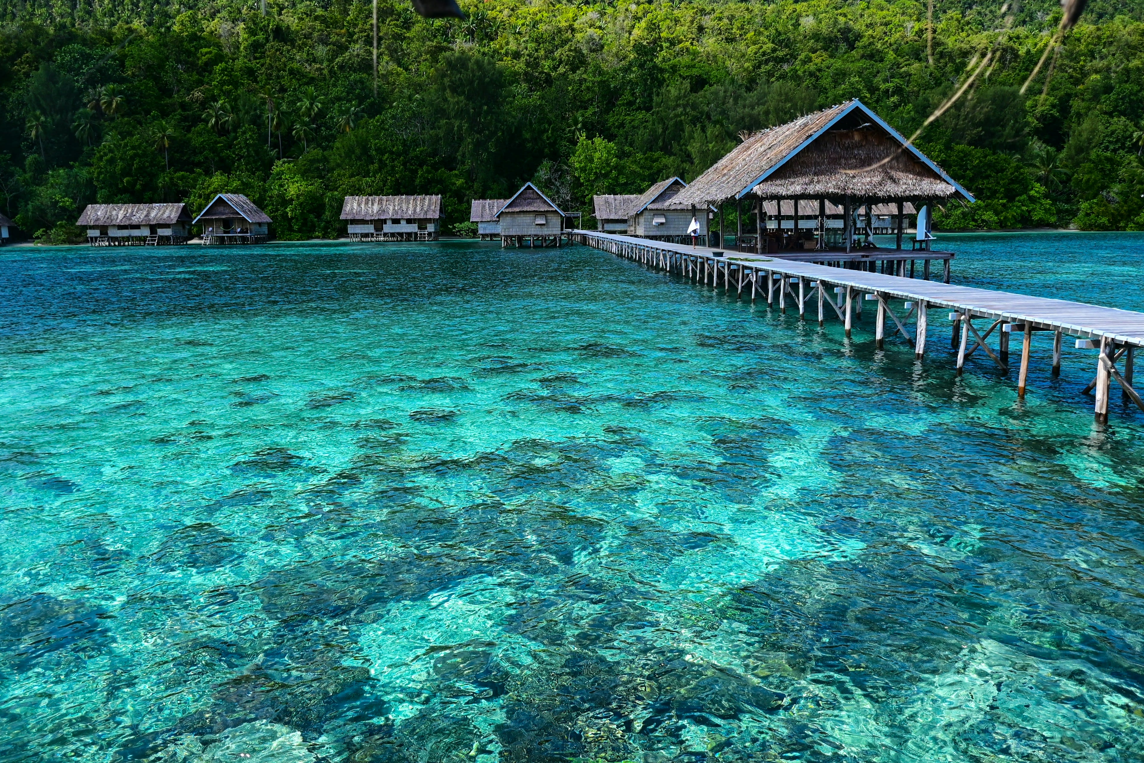 A wooden jetty running over clear shallow reef to a village of thatched buildings