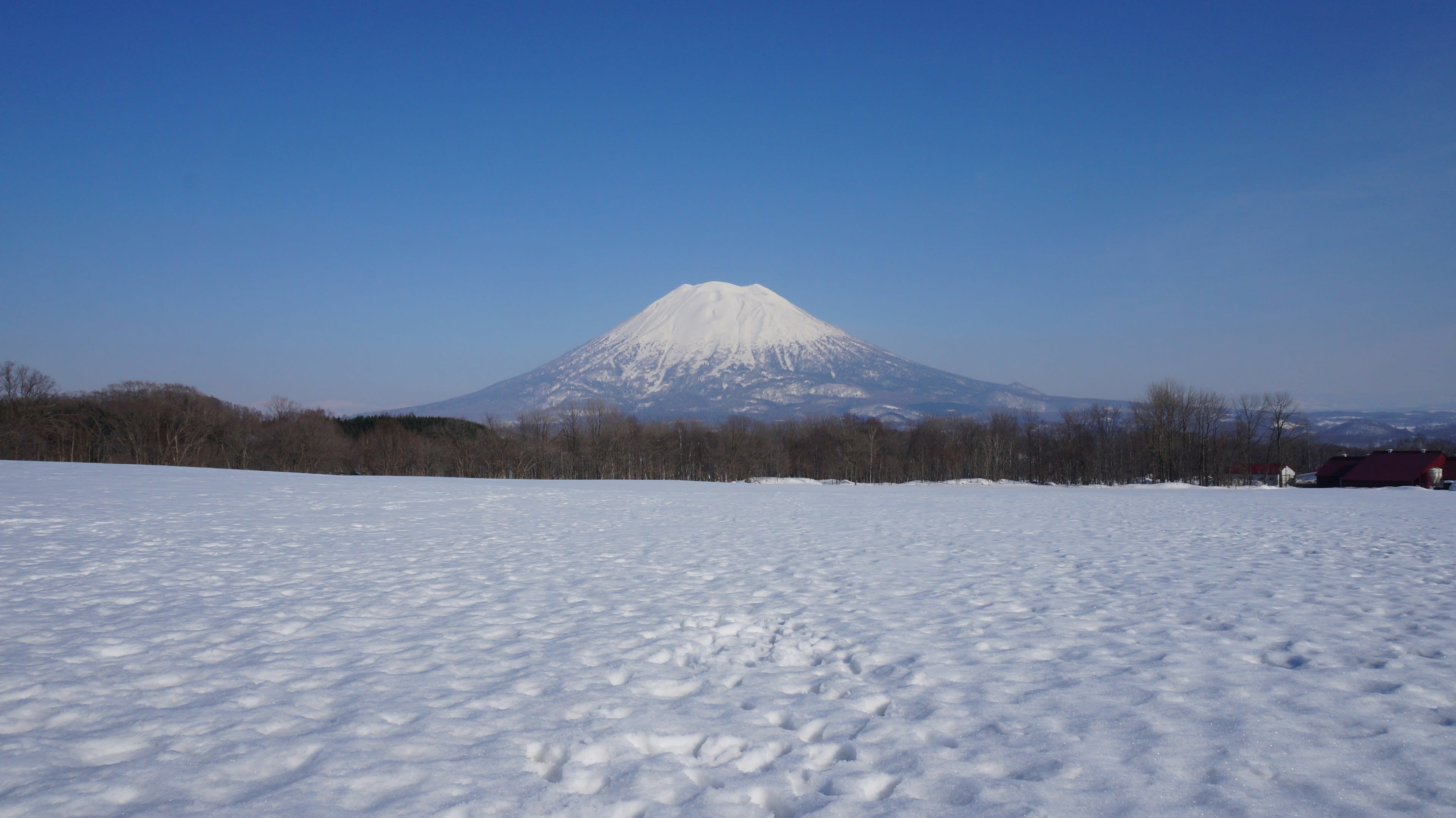 A snow-covered volcano rising above a white field under winter cloud