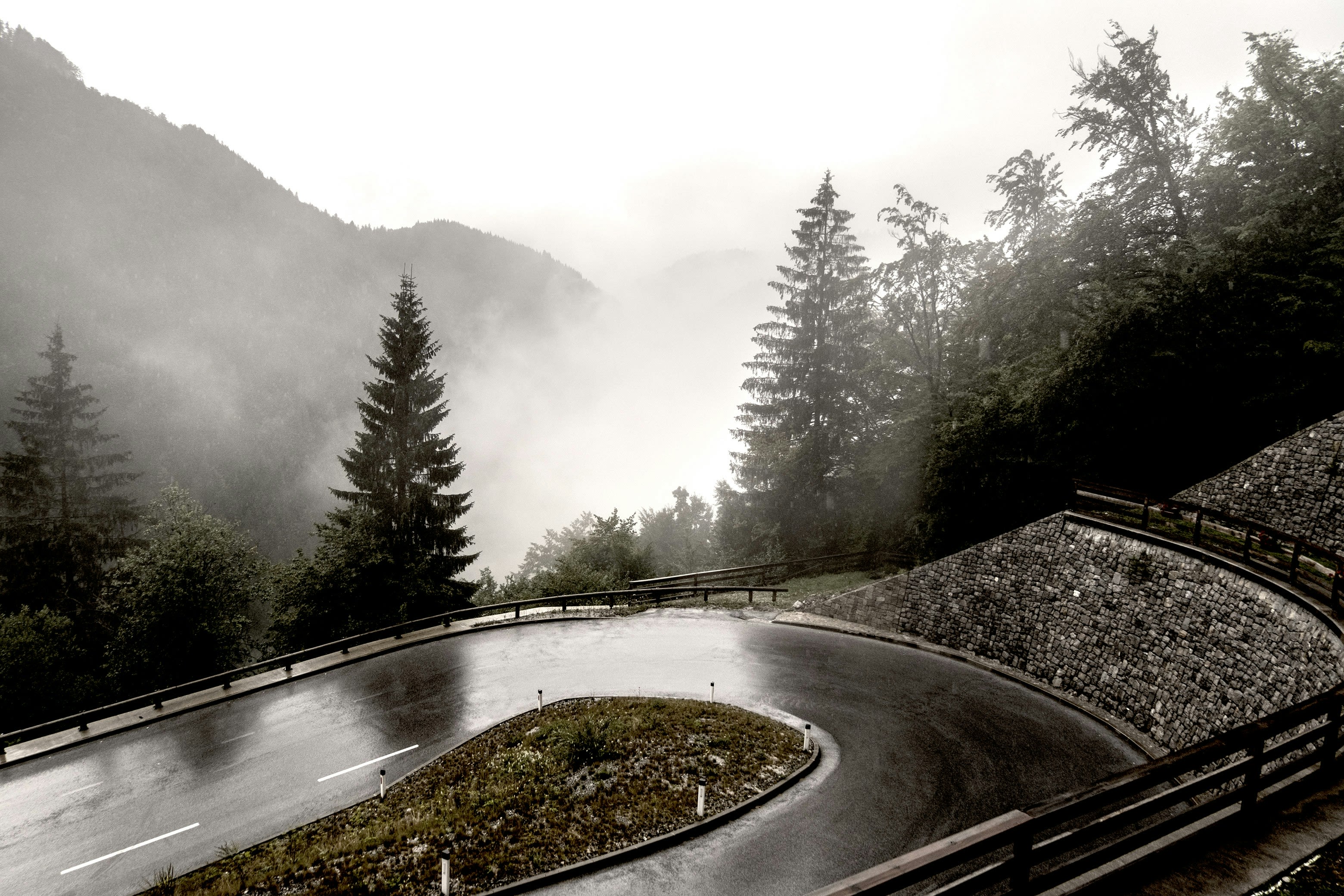 A wet mountain road curving through fog and dark spruce forest