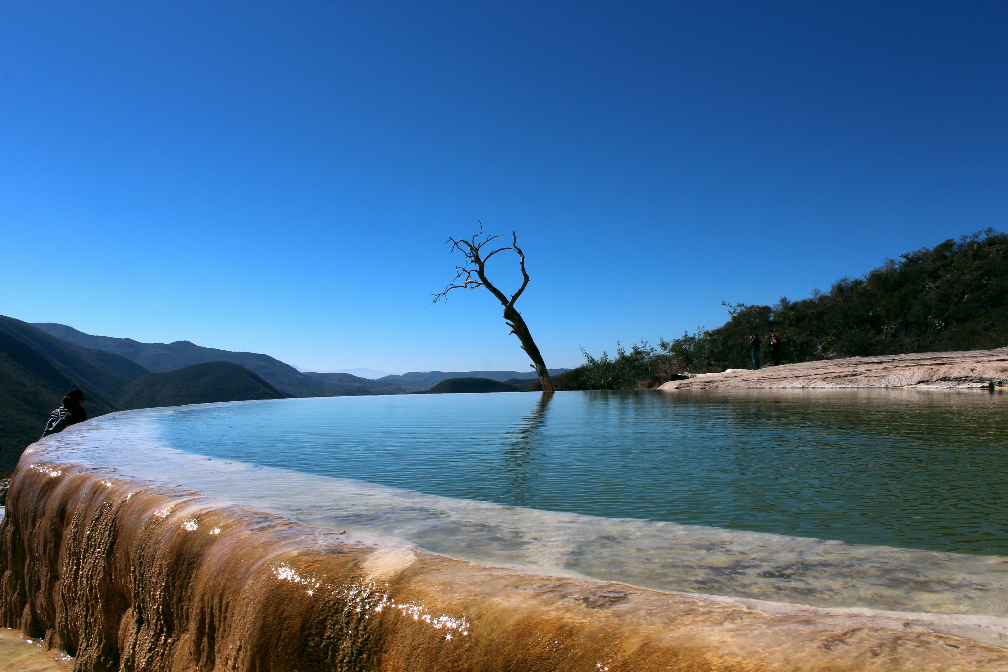 A turquoise mineral pool at the rim of a cliff above a wide valley, a bare tree at its edge