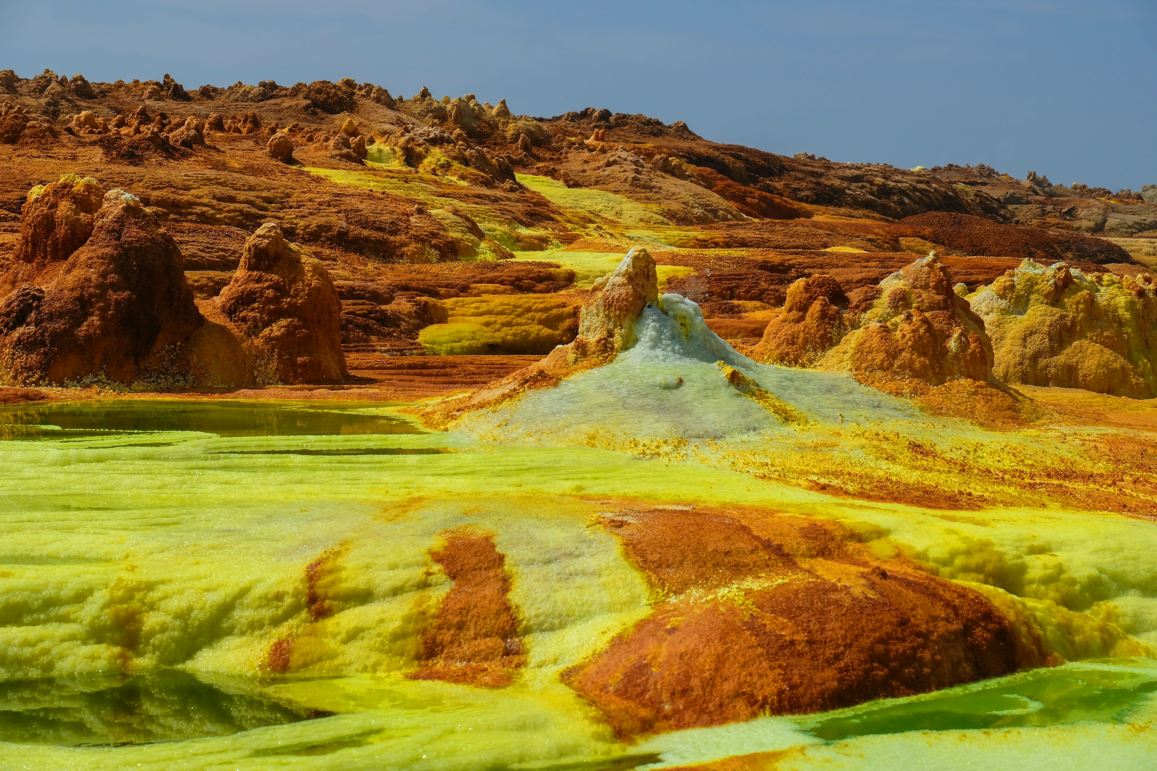 Acid-green and yellow hydrothermal pools and mineral crusts at Dallol