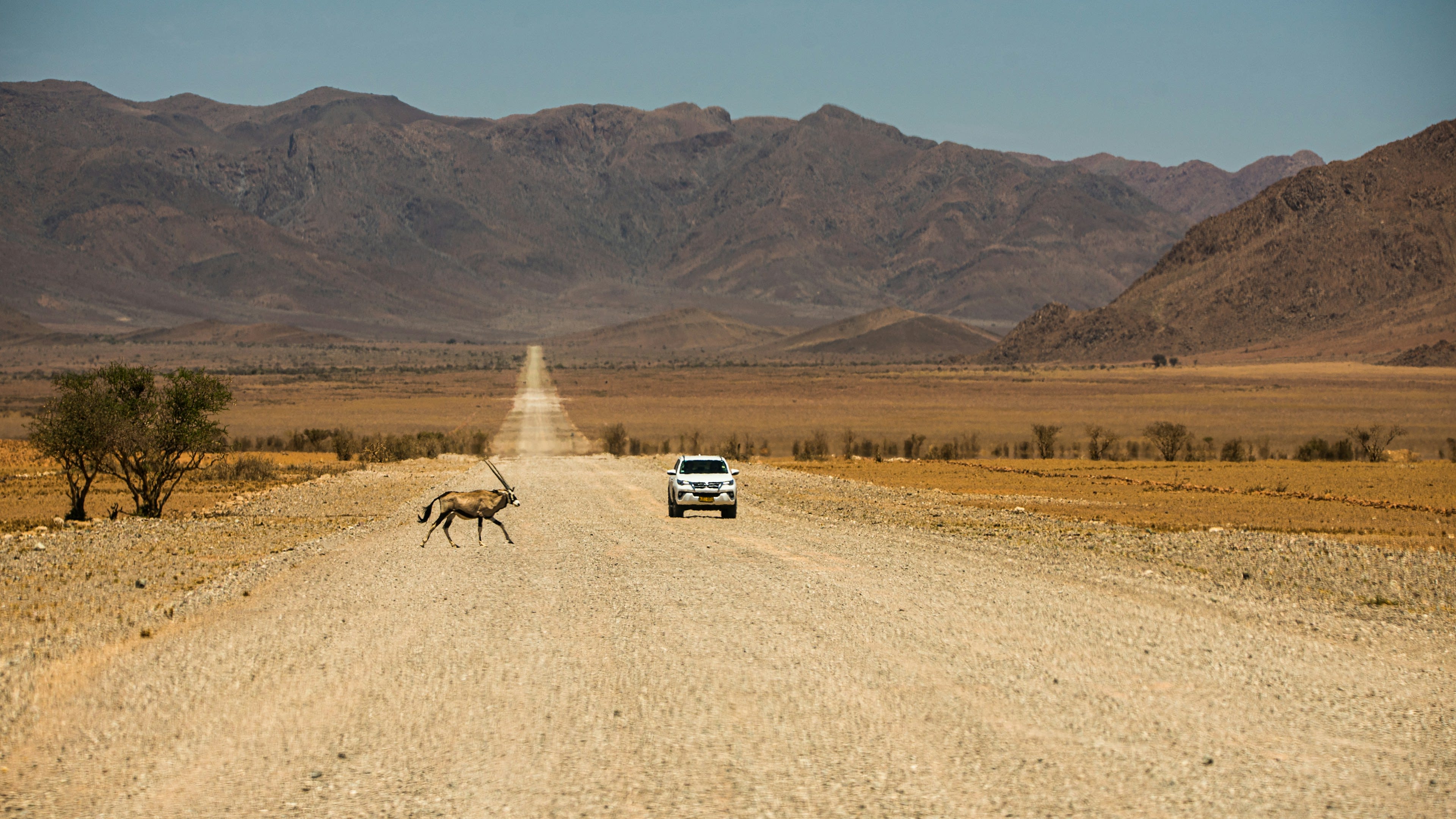 A straight gravel road running towards distant mountains with a single vehicle on it