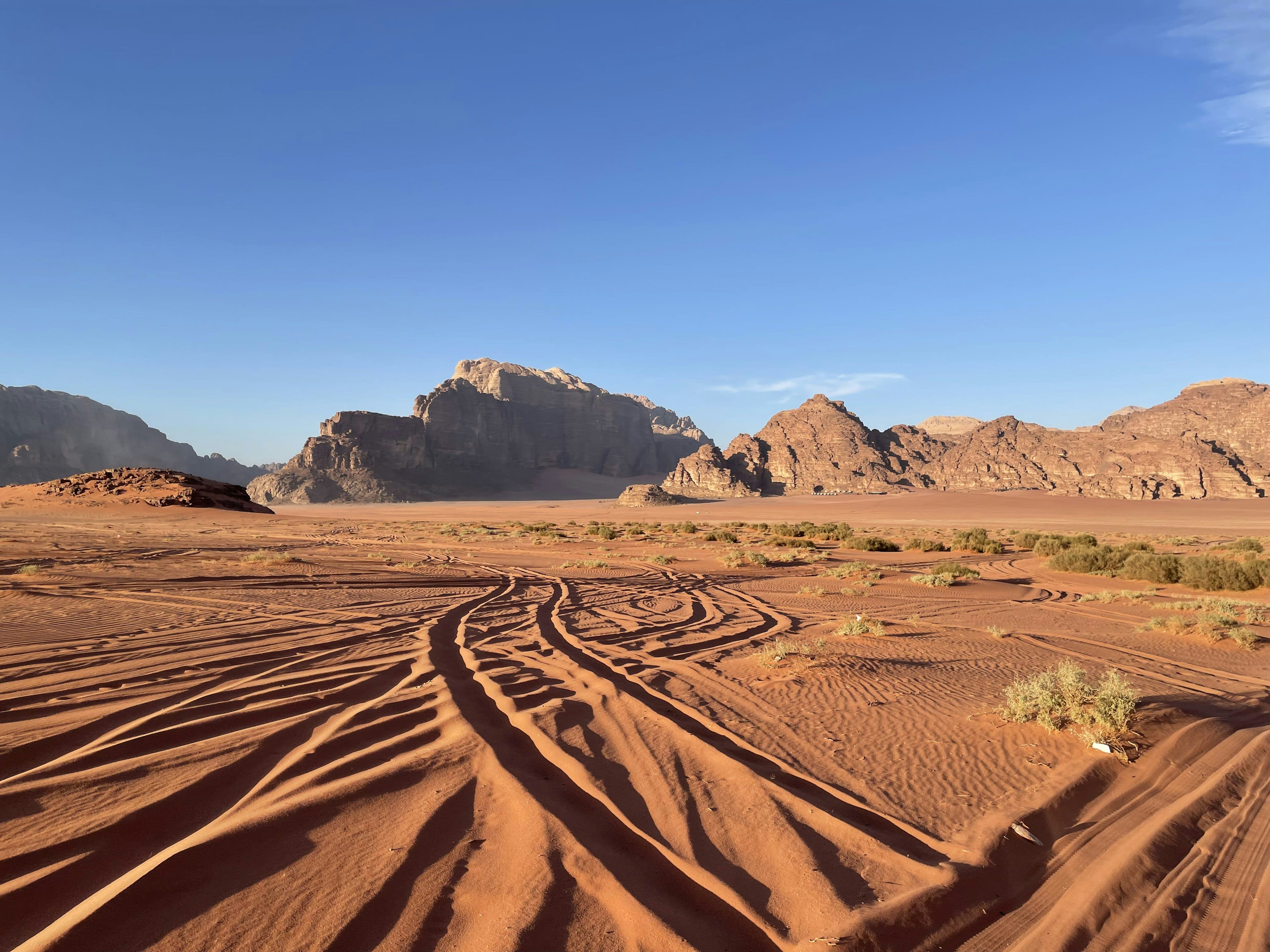 Overlapping vehicle tyre tracks printed across smooth red sand