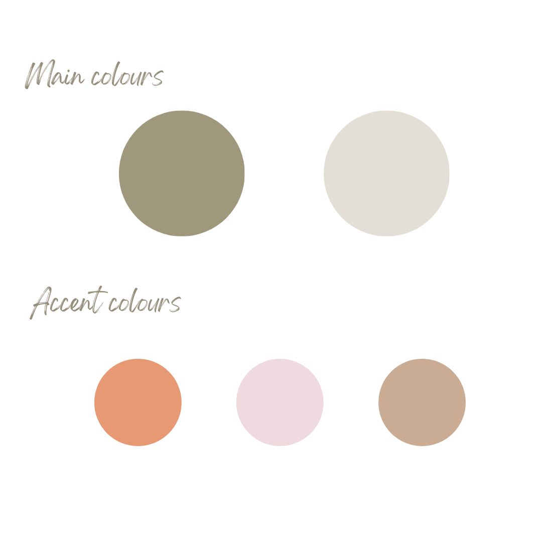 Colour palette of sage and cream main colours, with terracotta, blush and tan accents