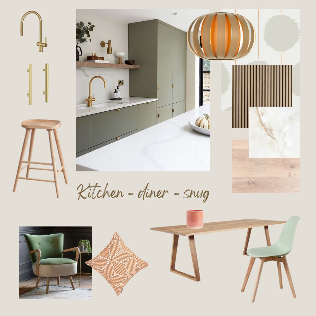 Kitchen-diner-snug design board with a green kitchen, oak dining table and paper pendant