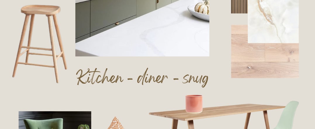 Interior design moodboard for a kitchen, diner and snug with material and furniture samples