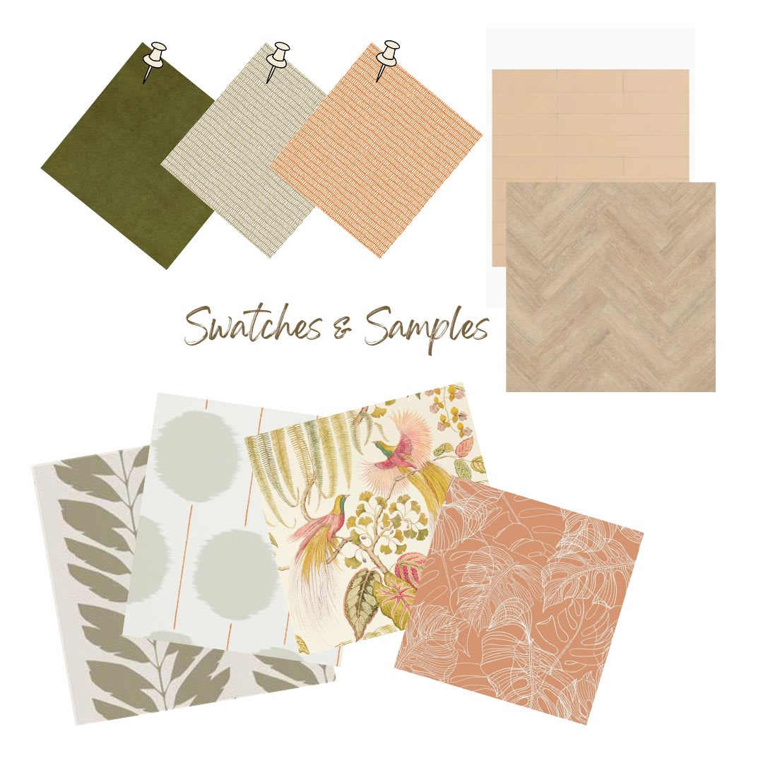Fabric swatches and flooring samples in sage, peach and terracotta