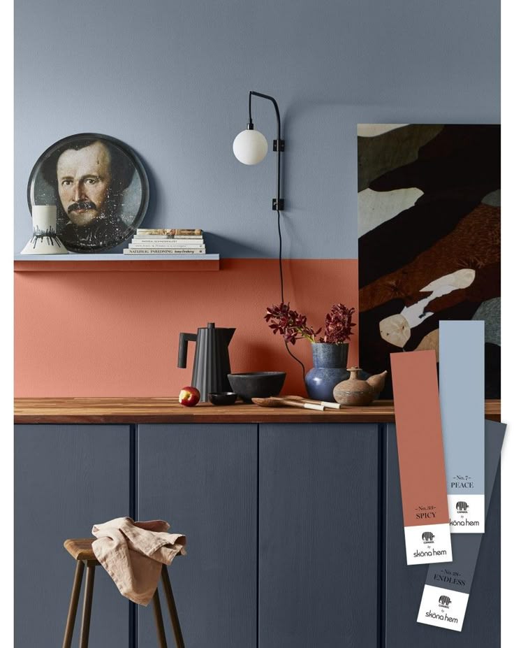 Blue kitchen with terracotta accents