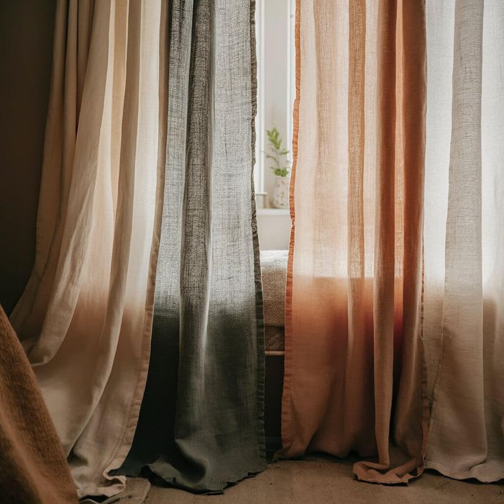 Sheer linen curtains in sage and terracotta drawn across a sunny window