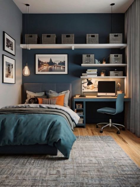 High bedroom shelves in teen room