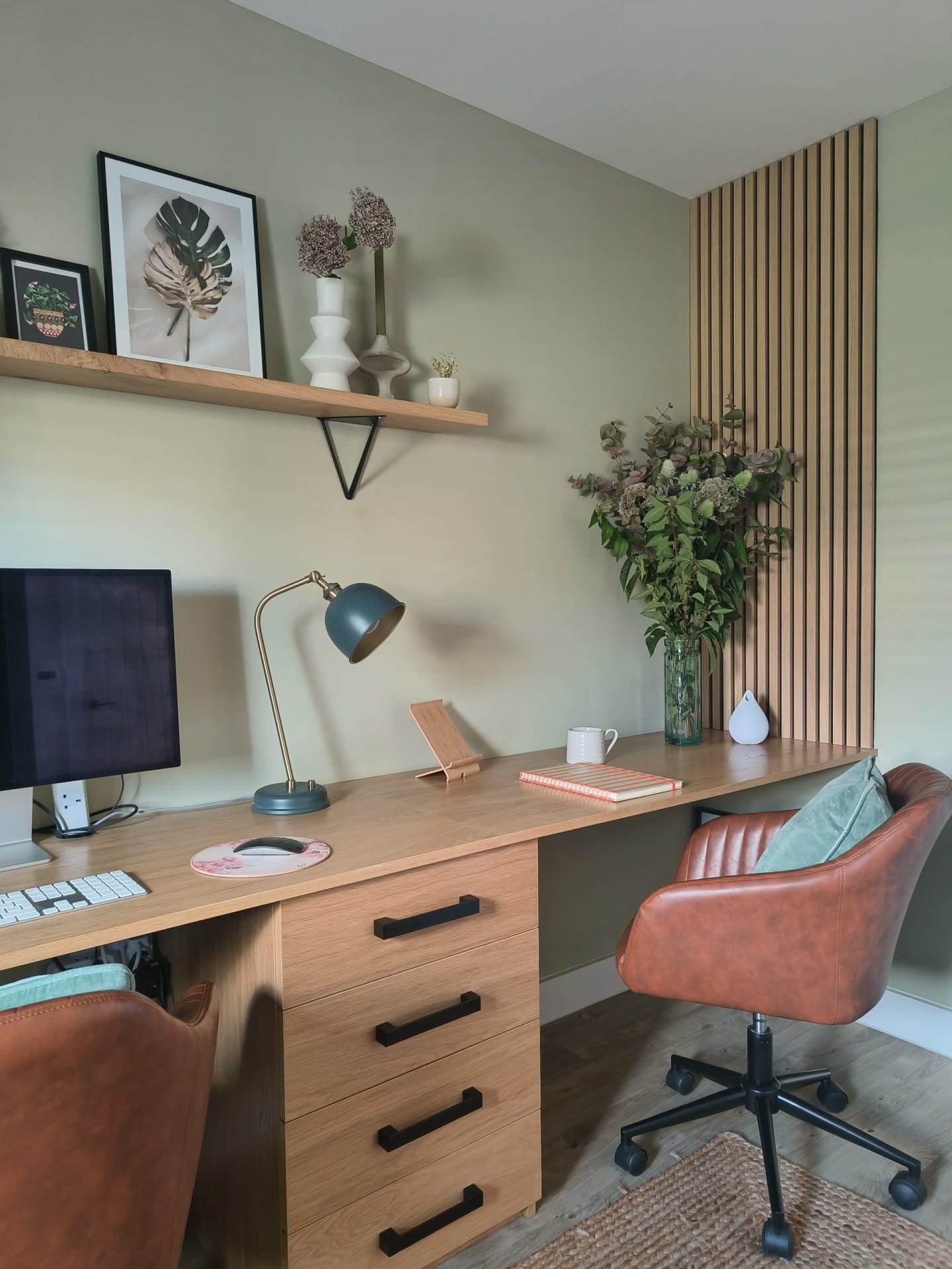 Calming home office with oak vertical panel