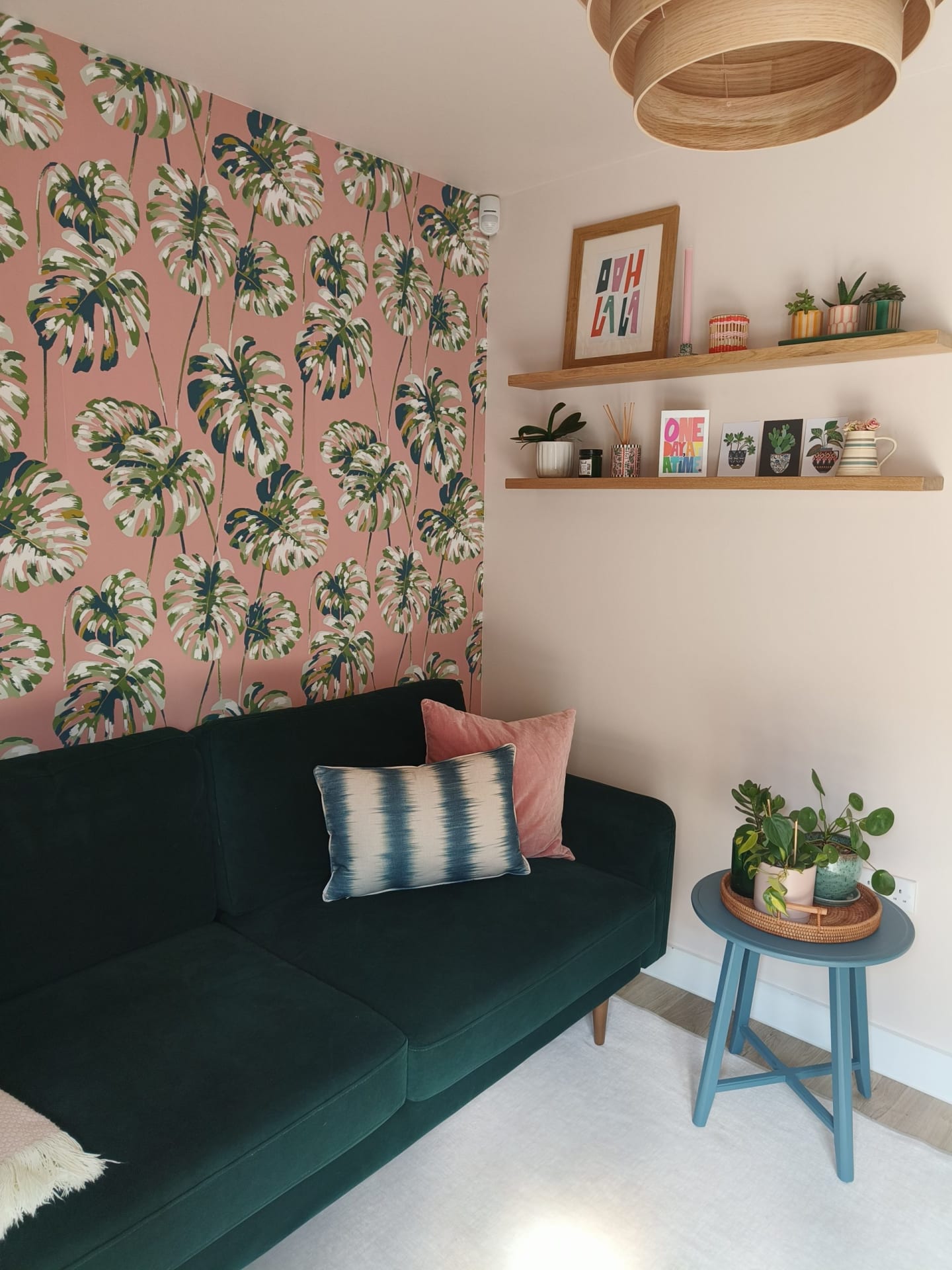 Family room snug with shelves over