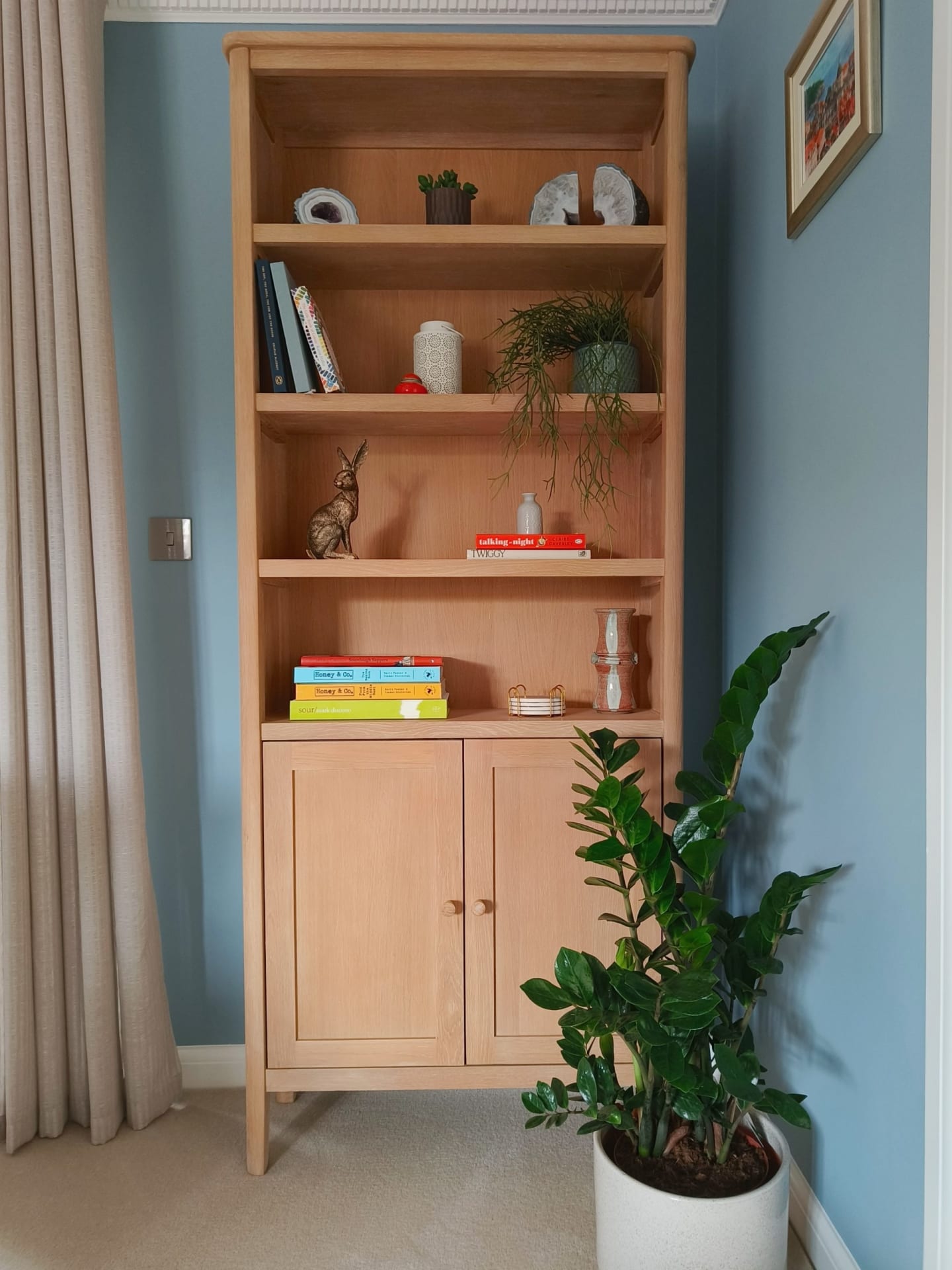Scandi light oak bookcase with plant