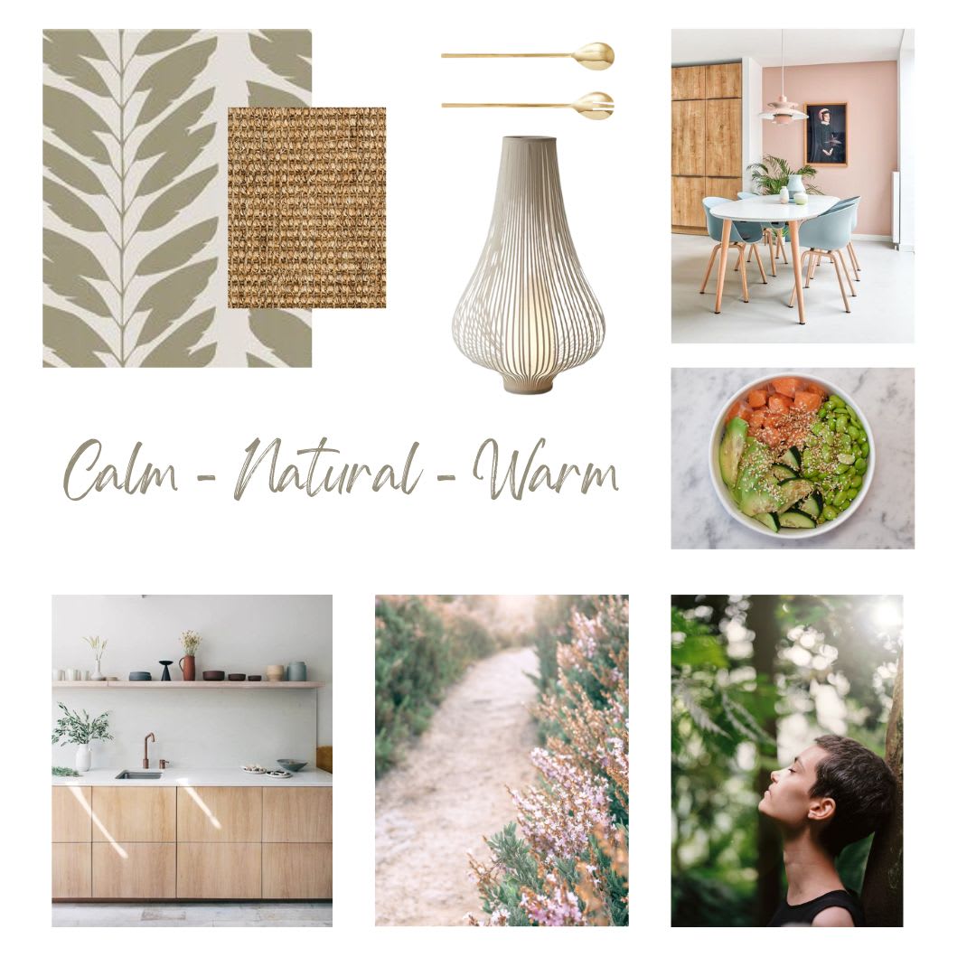 Mood board of leaf-print fabric, jute, a paper lamp and dining scenes, captioned Calm, Natural, Warm