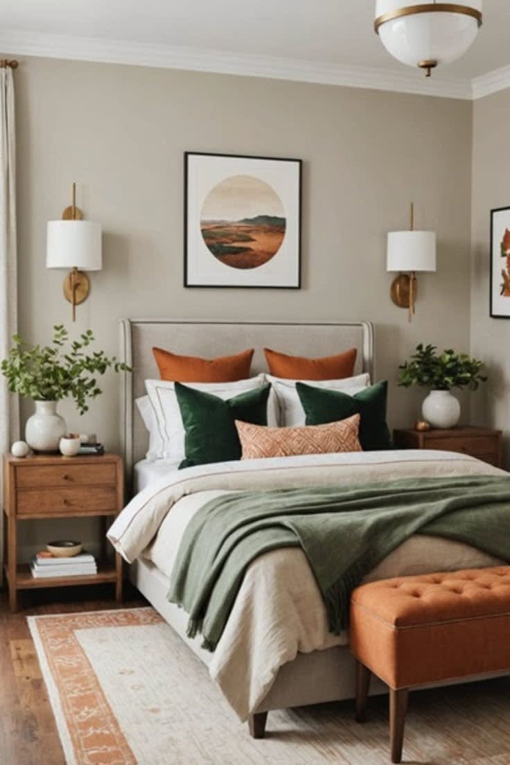 Rug in guest bedroom with green and rust accents