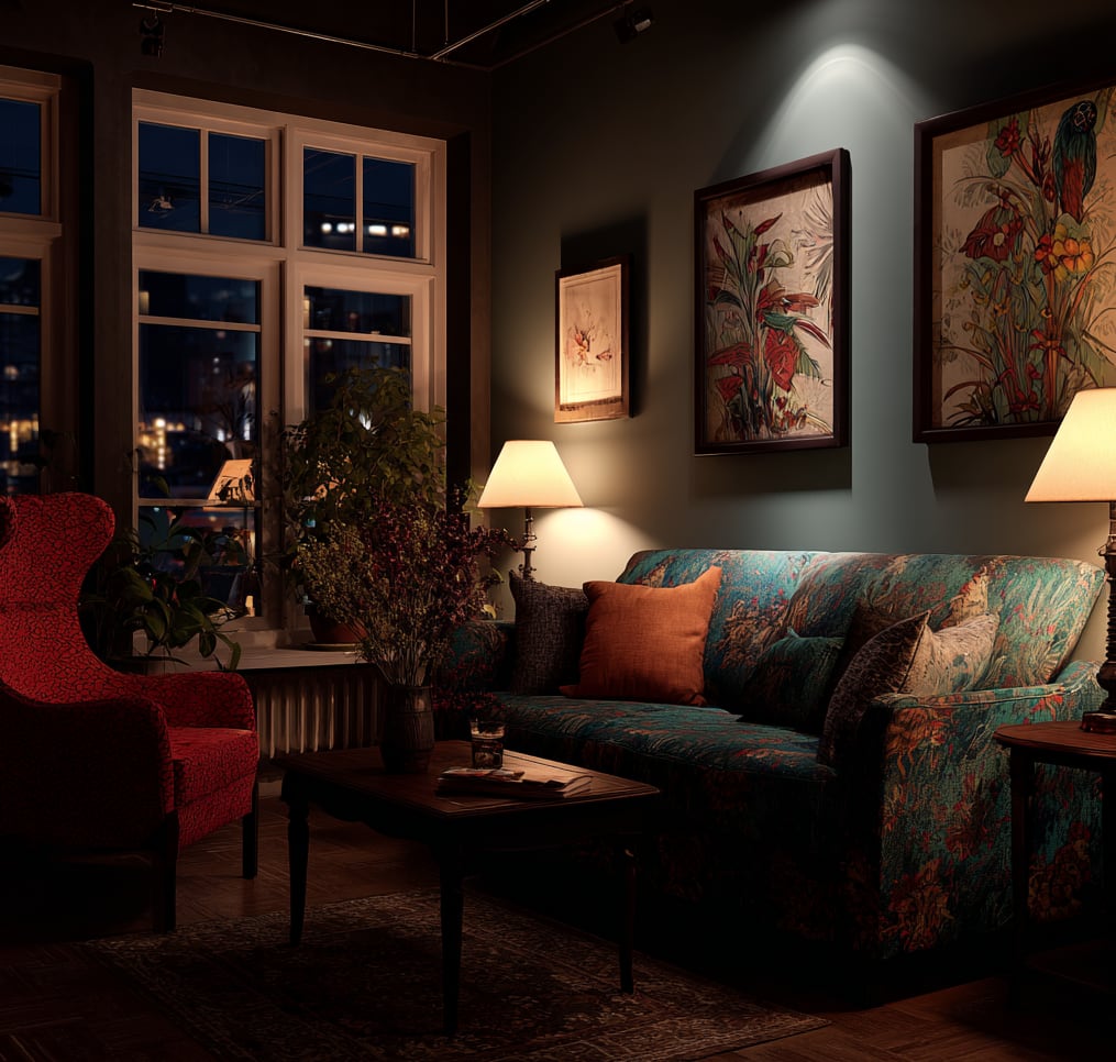 Dark living room at dusk with a floral sofa, red armchair, table lamps and framed botanical prints