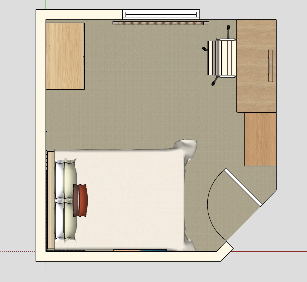Floor plan of a teen bedroom showing the bed, desk and wardrobes