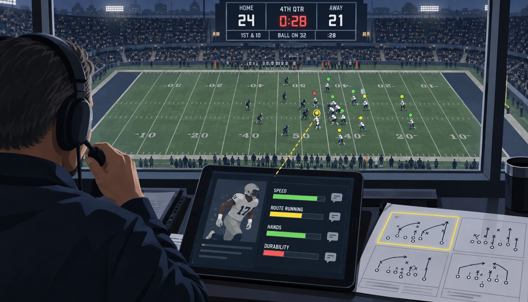 Coach overlooking a football field calling the correct play