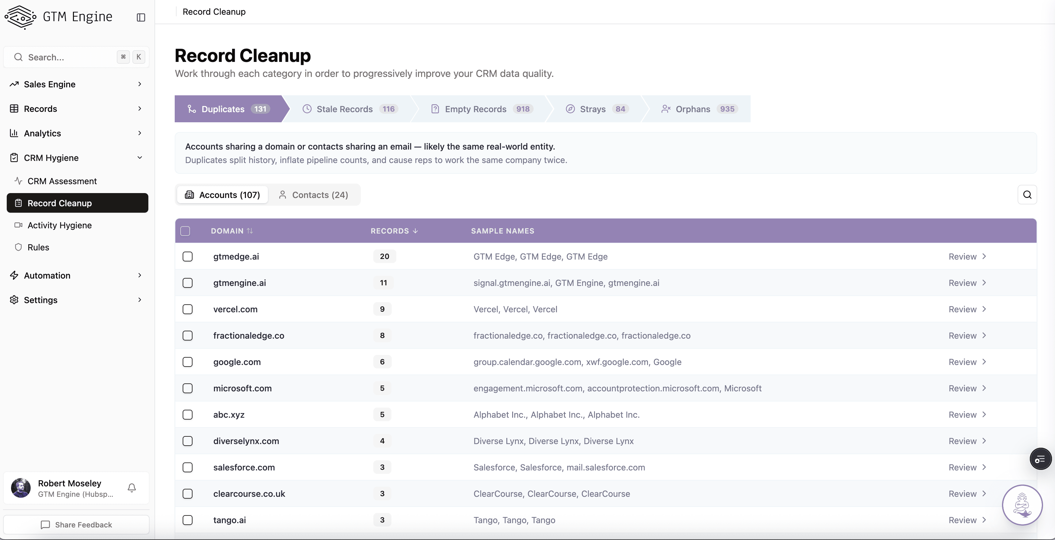GTM Engine Record Deduplication dashboard
