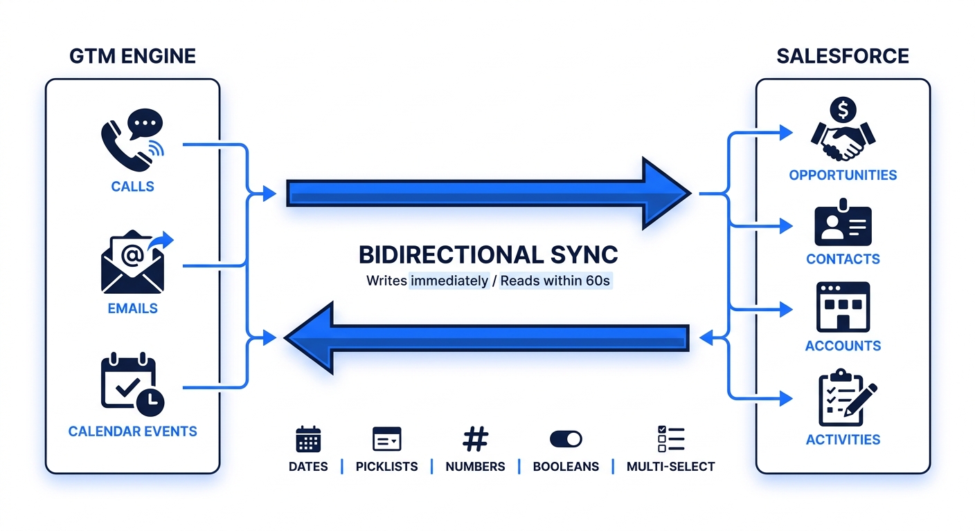 Diagram showing bidirectional data sync between GTM Engine and Salesforce, with calls, emails, and calendar events feeding in and opportunity, contact, account, and activity fields writing back