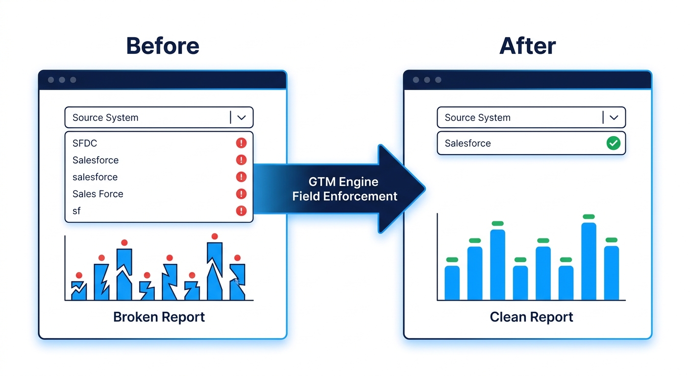 Before and after diagram showing inconsistent CRM field values like SFDC, salesforce, and Sales Force on the left versus a single clean enforced value on the right, with GTM Engine field enforcement in the center