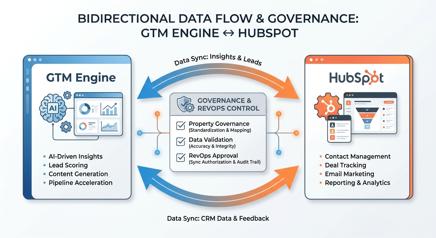 GTM Engine syncs bidirectionally with HubSpot with property-level control, staged imports, and RevOps approval workflows so the right data gets in, and nothing else does.