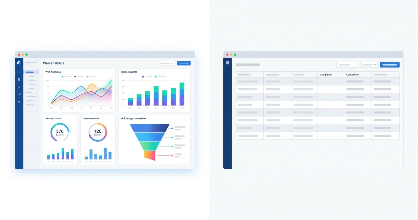 Comparison showing trusted data in a web analytics dashboard and empty/untrested data in a CRM dashboard