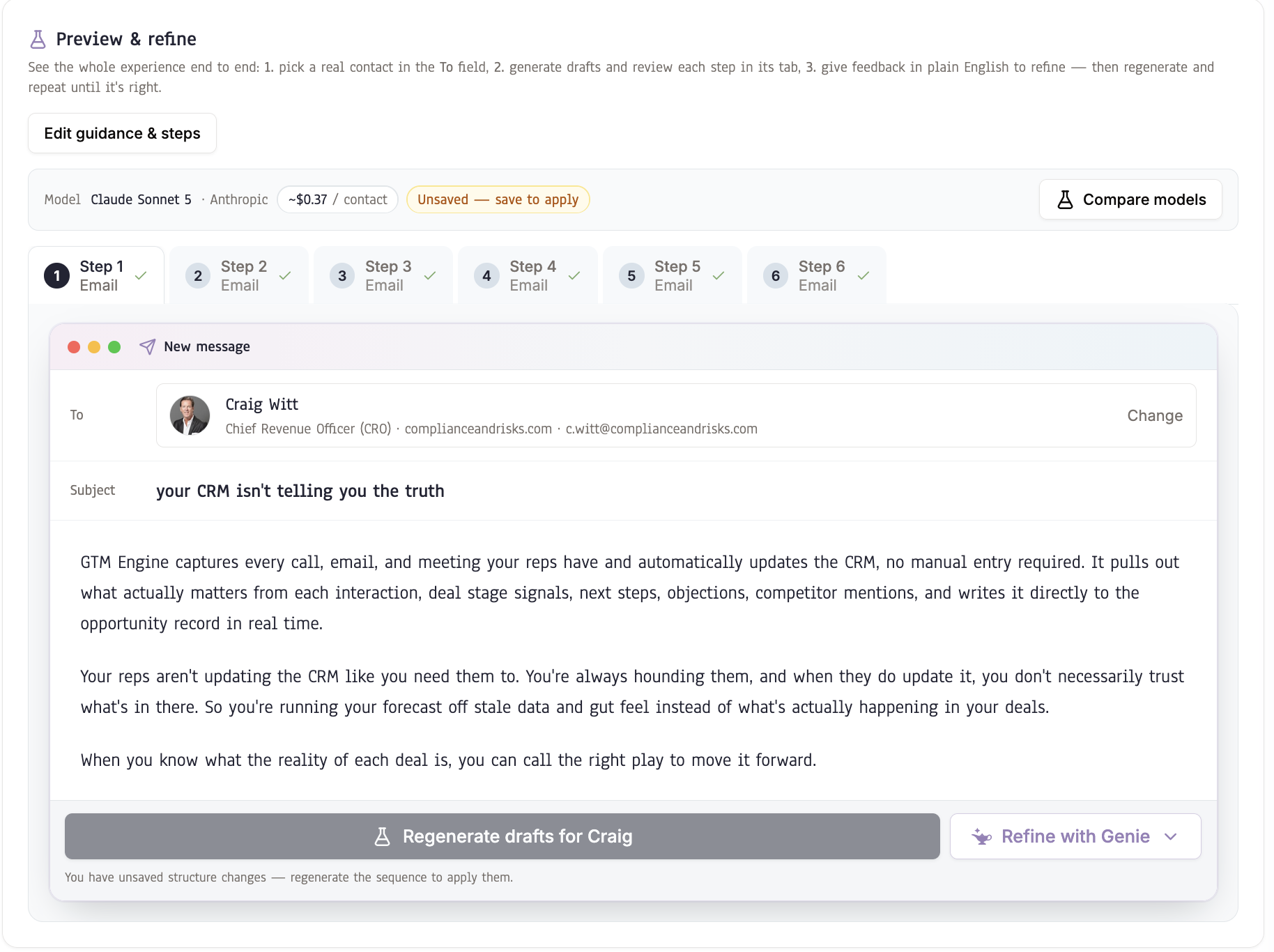 AI copywriting workflow using CRM account truth and activity context.