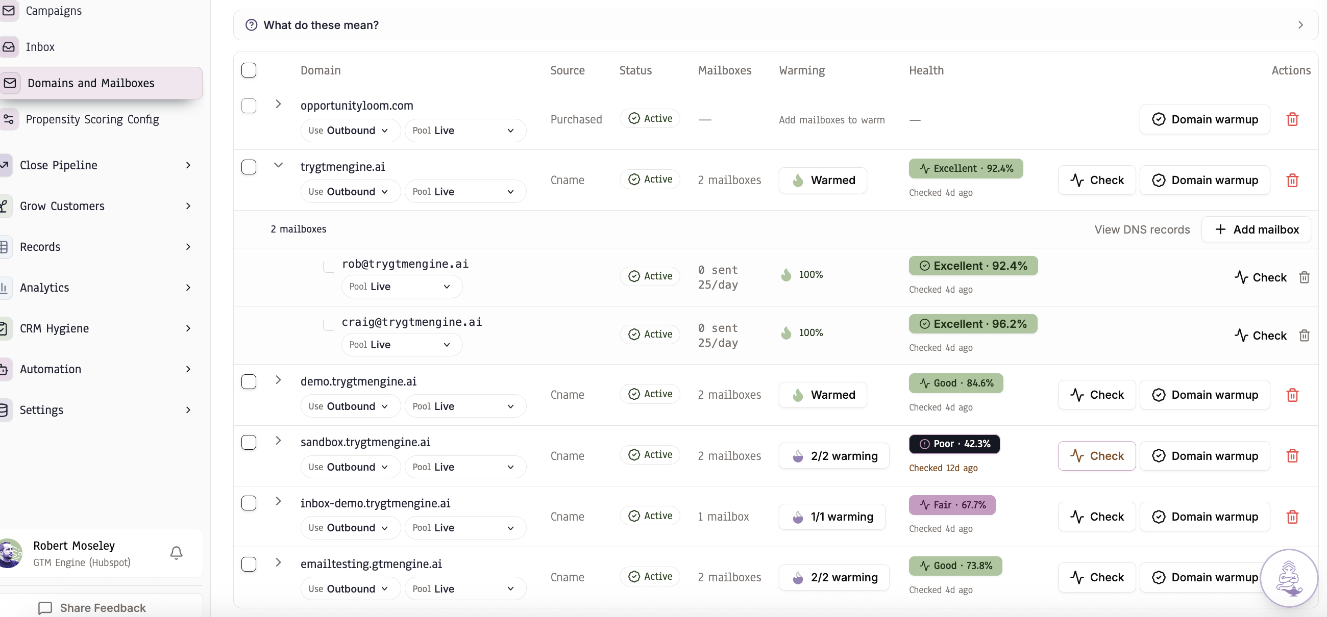 Email deliverability controls including warmup, inbox rotation, and suppression.
