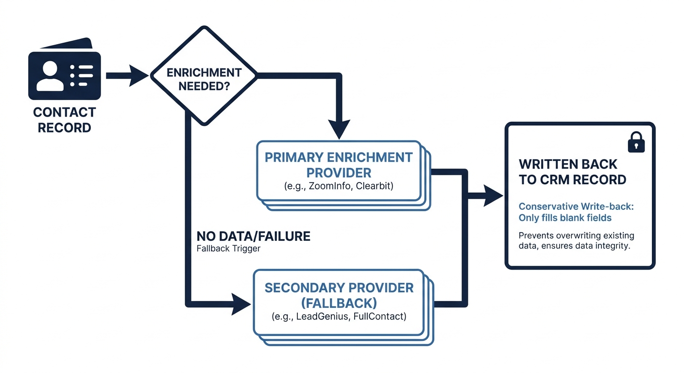 Enrichment waterfall diagram: a contact record checks the primary enrichment provider first, falls back to a secondary provider only if the primary fails, then writes back to the CRM record without overwriting existing good data.