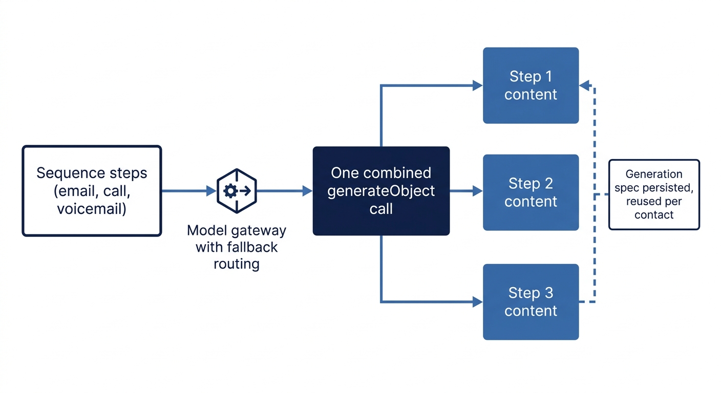 AI orchestration diagram: sequence steps for email, call, and voicemail are routed through a model gateway with fallback, then generated in a single combined call whose output is split into per-step content and persisted for reuse across contacts.