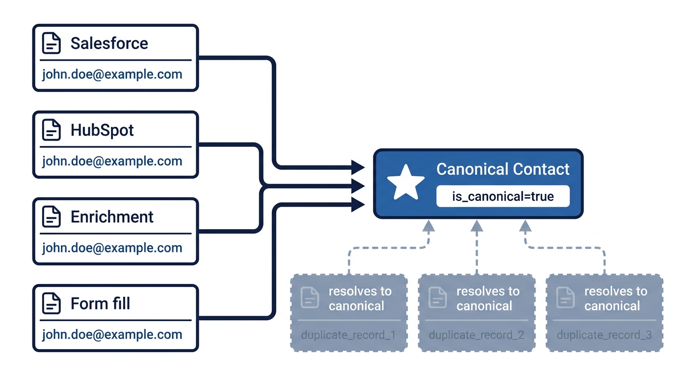 Identity resolution diagram: four duplicate contact records from Salesforce, HubSpot, enrichment, and a form fill all sharing the same email address resolve to a single canonical contact node.