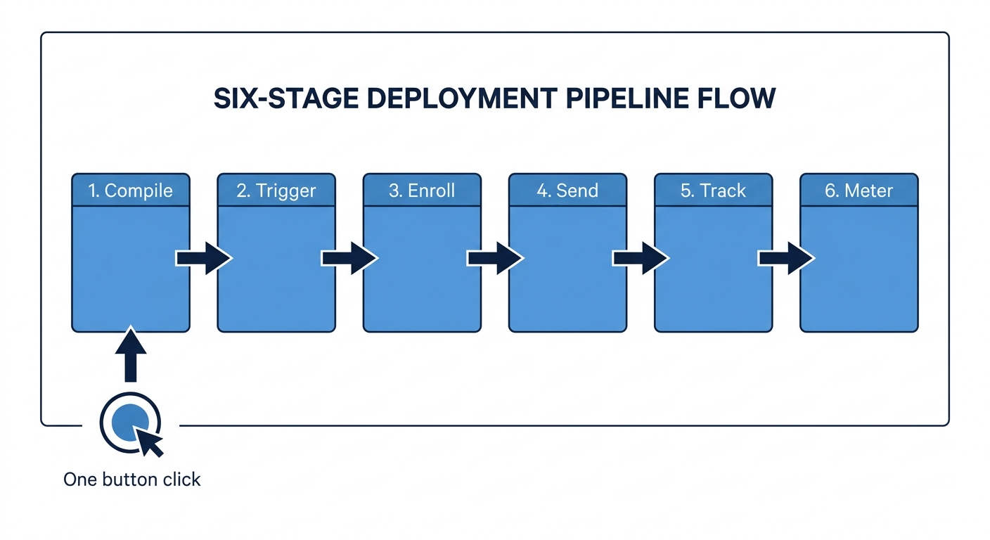 Six-stage Campaign Engine pipeline: compile, trigger, enroll, send, track, meter, all initiated by a single button click.