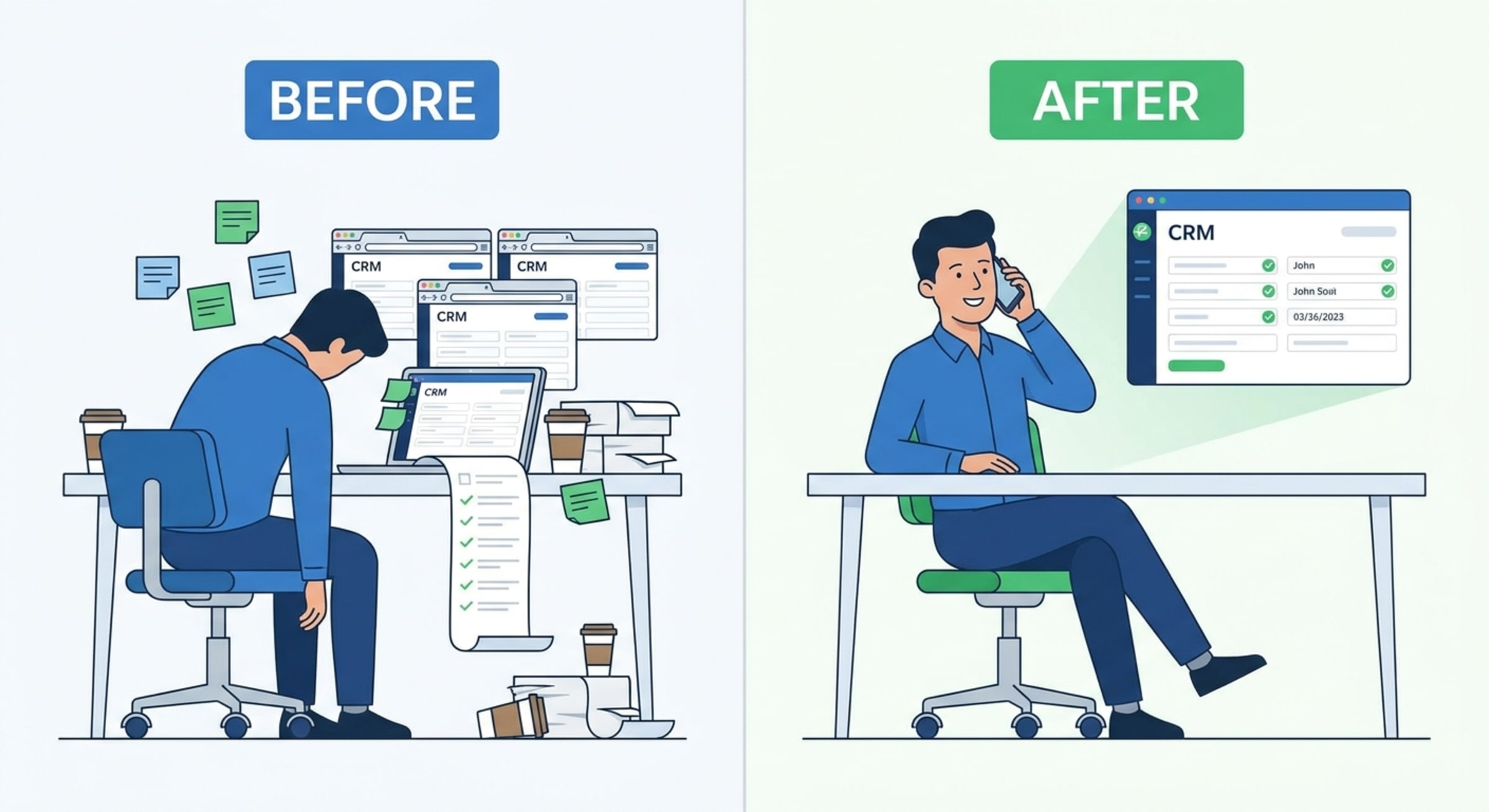 Before and after: on the left, a rep buried in manual CRM entry; on the right, the same rep on a call while CRM fields auto-populate beside them.