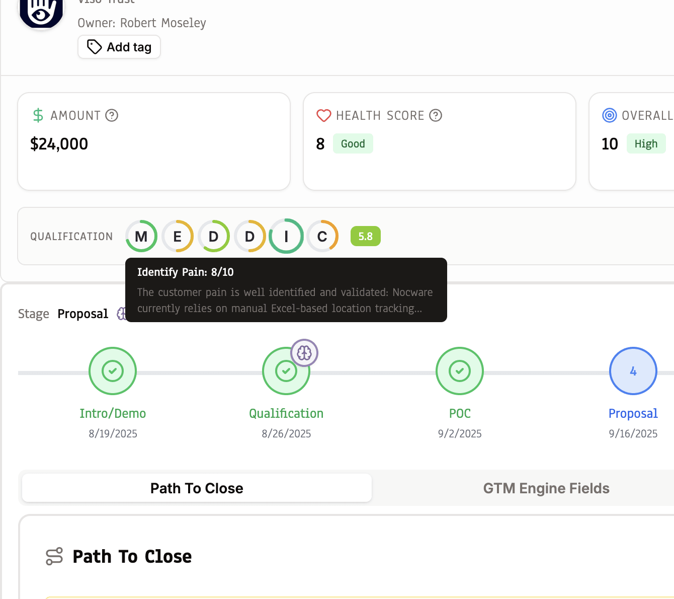 Opportunity view with health score, MEDDIC qualification, and path to close