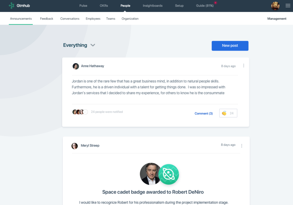 OKR announcements in Gtmhub